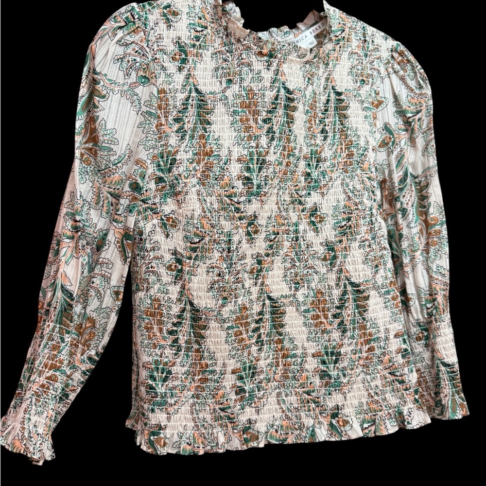 Veronica Beard Floral Smocked Blouse - Green and Brown